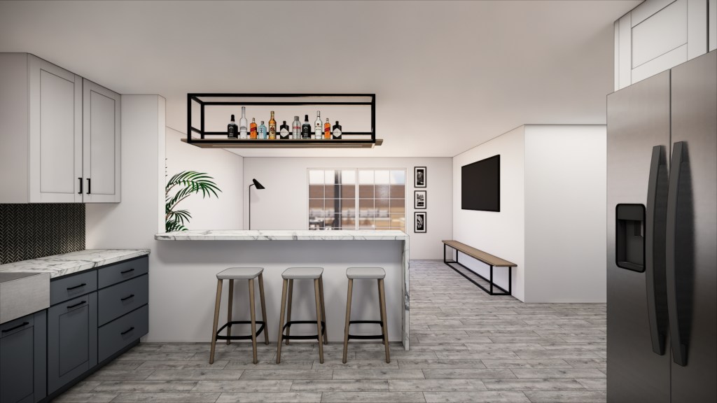 Rendering of the new kitchen looking out into the living room