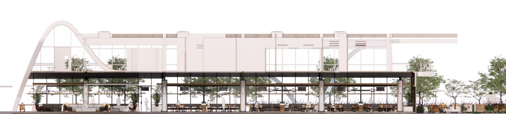 Building section showing operable windows along the curtain wall