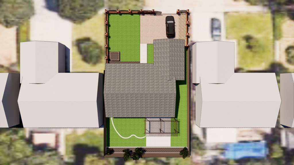 Aerial rendering showing the existing backyard

