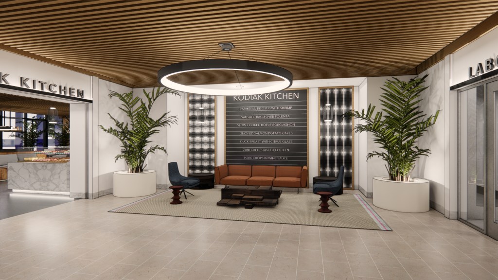 Rendering of lobby leading into dining hall area