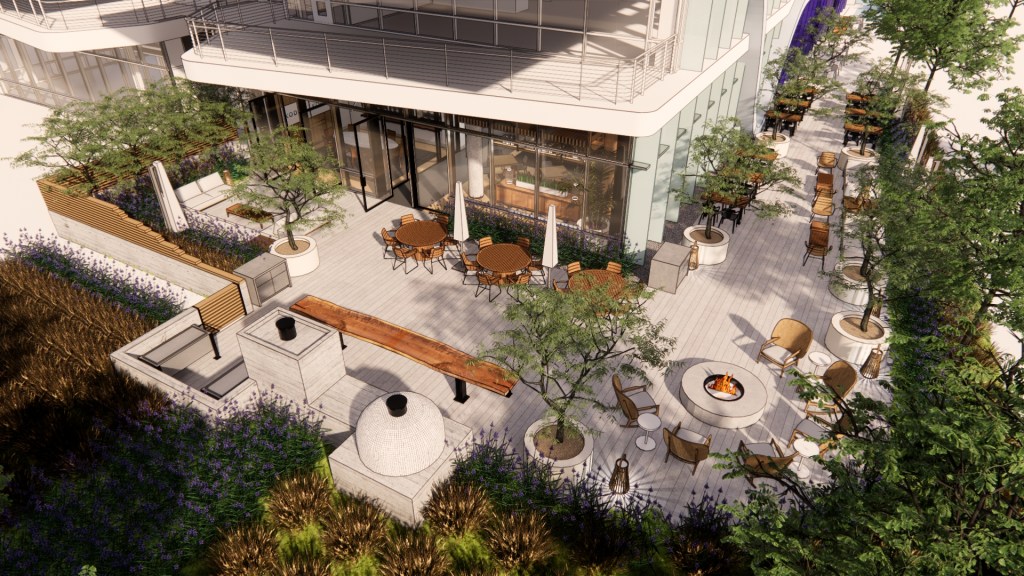 Aerial rendering of the exterior patio which features an outdoor kitchen and firepit