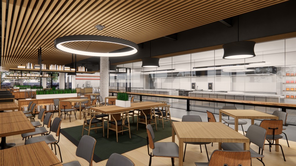 Rendering of the dining area looking into the glass box exhibition kitchen