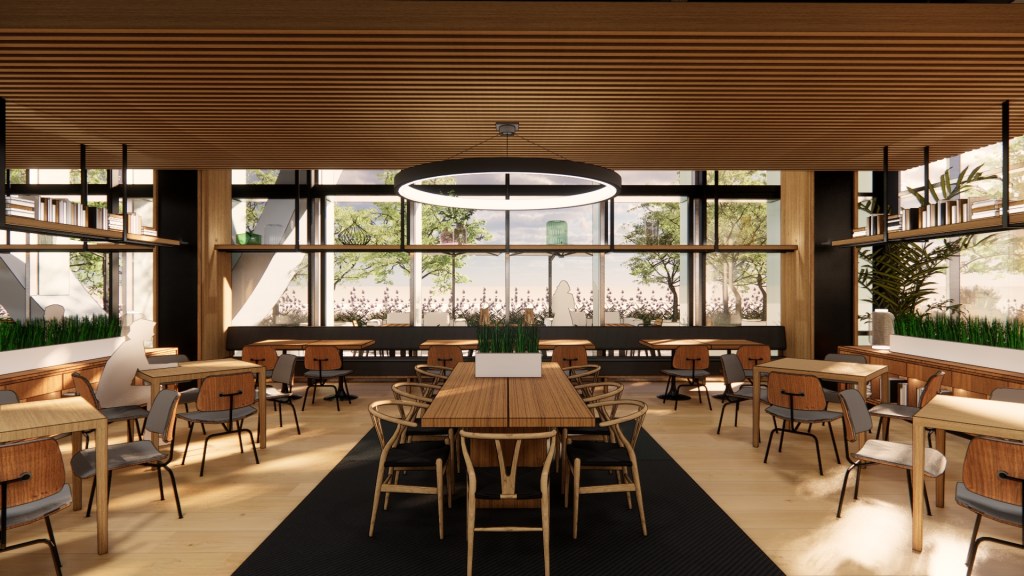 Rendering of dining bay with opened slide and stack windows